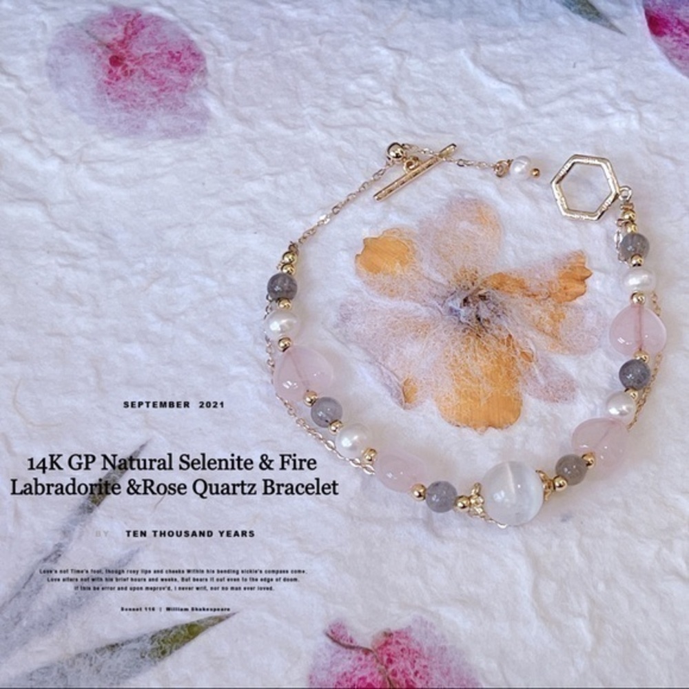 14KGP Natural Fire Labradorite & Rose Quartz Heart& Fresh water pearls Bracelet